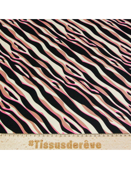 Jersey coton peigné & élasthanne – Zèbre noir, beige & fuchsia