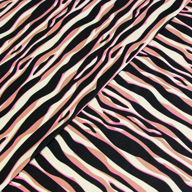 Jersey coton peigné & élasthanne – Zèbre noir, beige & fuchsia