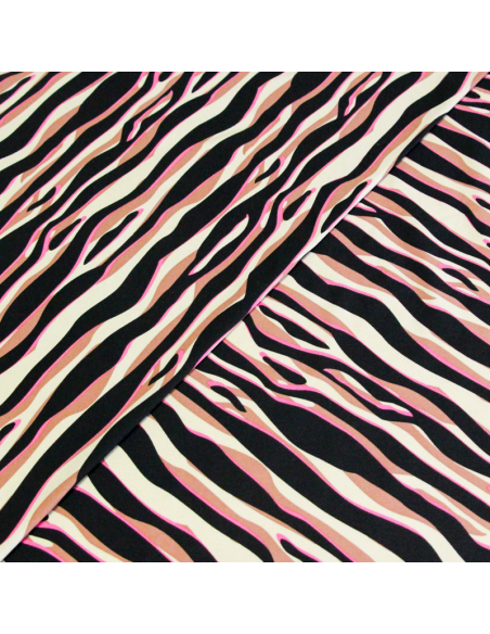 Jersey coton peigné & élasthanne – Zèbre noir, beige & fuchsia