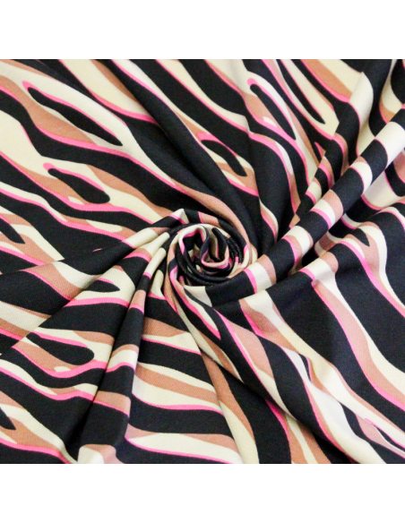 Jersey coton peigné & élasthanne – Zèbre noir, beige & fuchsia