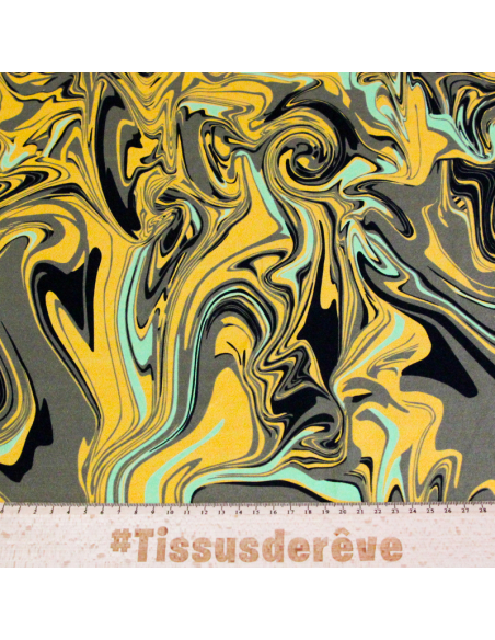 Jersey coton peigné & élasthanne – Marbré jaune vert noir