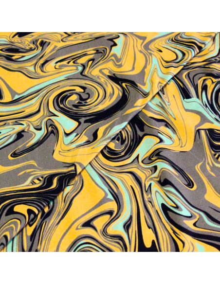 Jersey coton peigné & élasthanne – Marbré jaune vert noir
