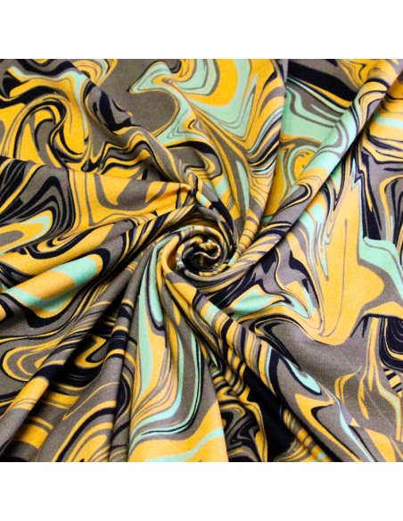 Jersey coton peigné & élasthanne – Marbré jaune vert noir