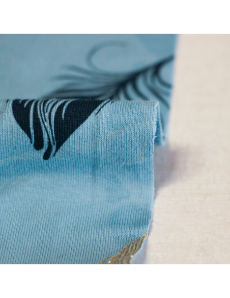 Molleton non gratté (French terry) - Plume bleu & doré fond bleu