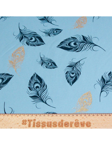 Molleton non gratté (French terry) - Plume bleu & doré fond bleu