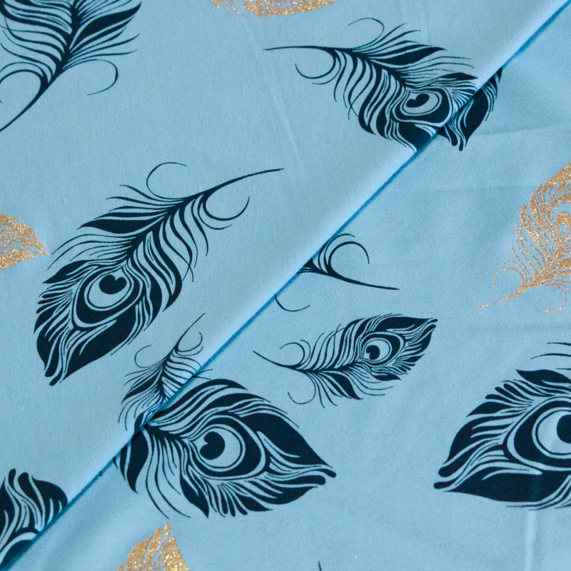 Molleton non gratté (French terry) - Plume bleu & doré fond bleu