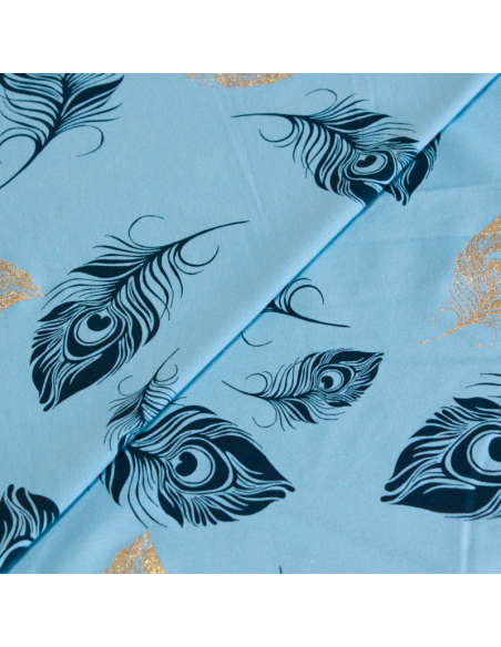 Molleton non gratté (French terry) - Plume bleu & doré fond bleu