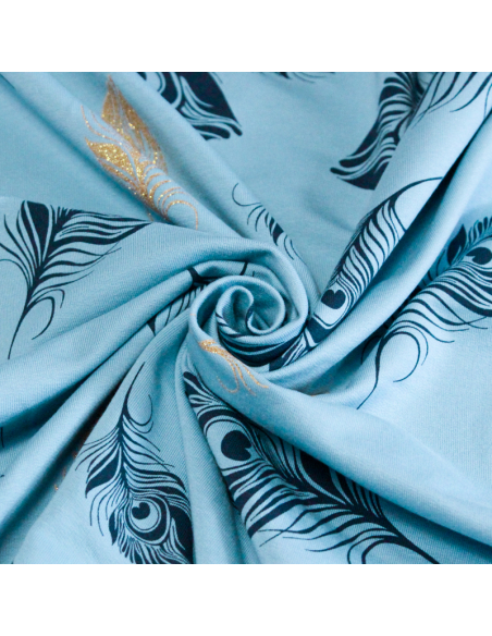 Molleton non gratté (French terry) - Plume bleu & doré fond bleu