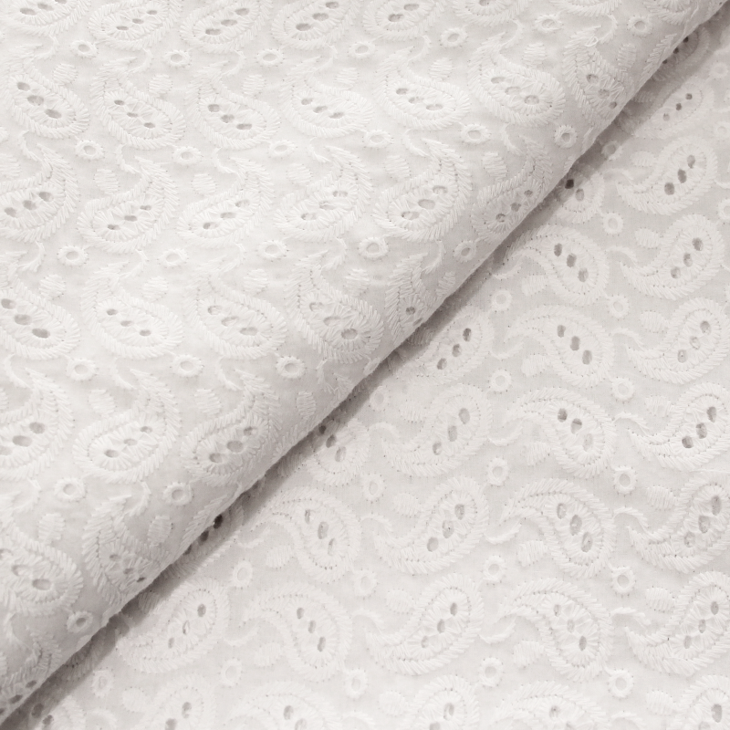 Broderie Anglaise 100% coton - Motifs cachemire (3 trous) blanc