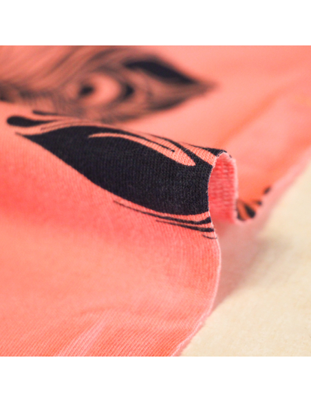 Molleton non gratté (French terry) - Plume bleu & doré fond rose