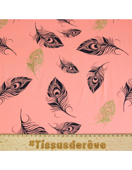 Molleton non gratté (French terry) - Plume bleu & doré fond rose