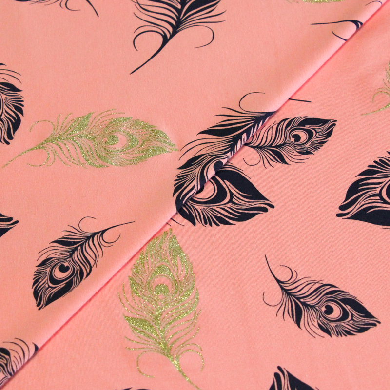 Molleton non gratté (French terry) - Plume bleu & doré fond rose