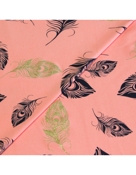 Molleton non gratté (French terry) - Plume bleu & doré fond rose