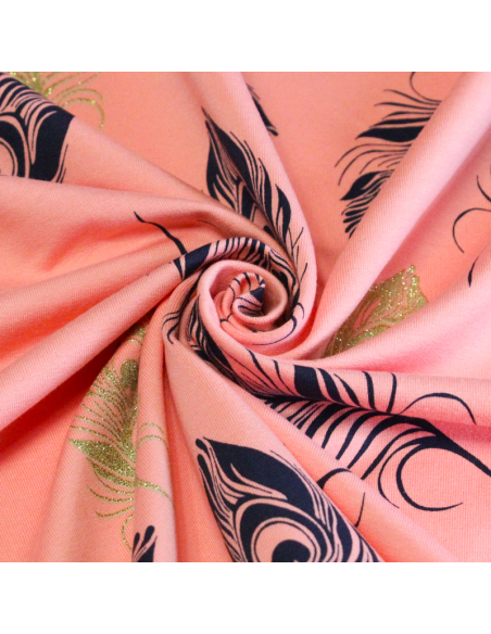 Molleton non gratté (French terry) - Plume bleu & doré fond rose