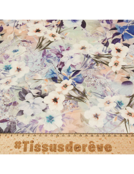 Voile 100% coton - Fleurs blanches fond pastel