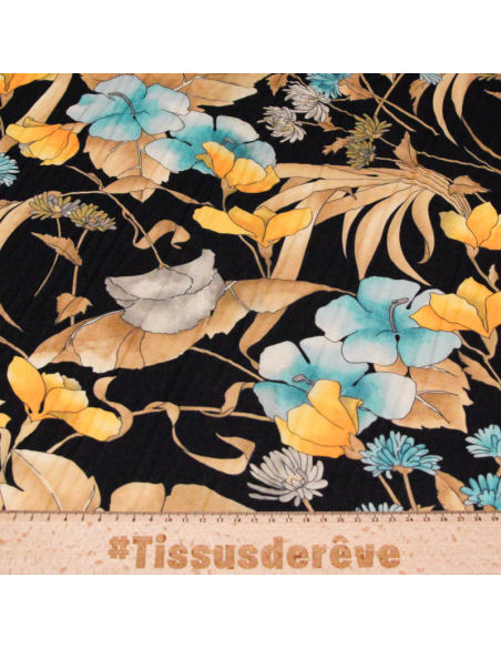 Voile 100% coton – Fleurs jaunes bleues fond noir