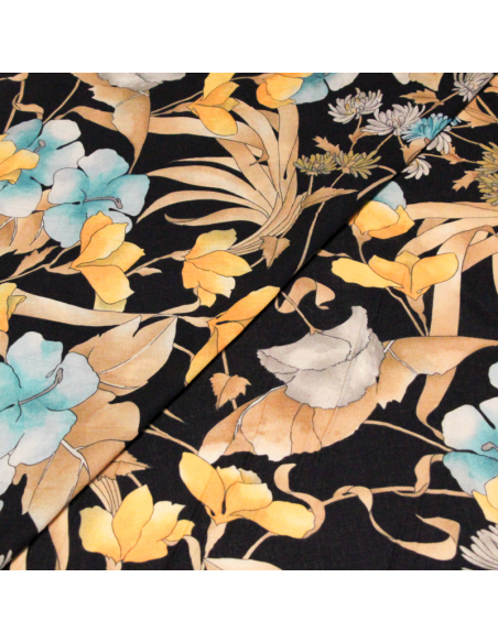 Voile 100% coton – Fleurs jaunes bleues fond noir