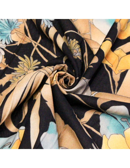 Voile 100% coton – Fleurs jaunes bleues fond noir
