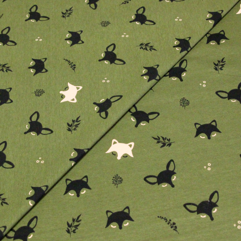 Molleton gratté - Renard noir & beige fond vert