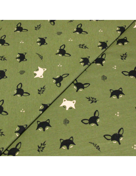 Molleton gratté - Renard noir & beige fond vert