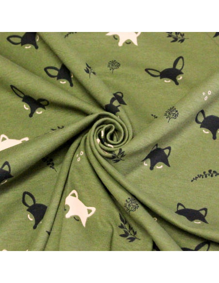 Molleton gratté - Renard noir & beige fond vert