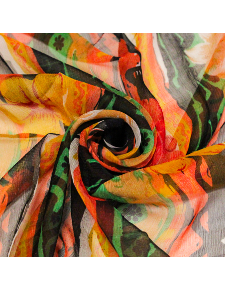 Carré mousseline 100% soie - Fleurs nomades vert