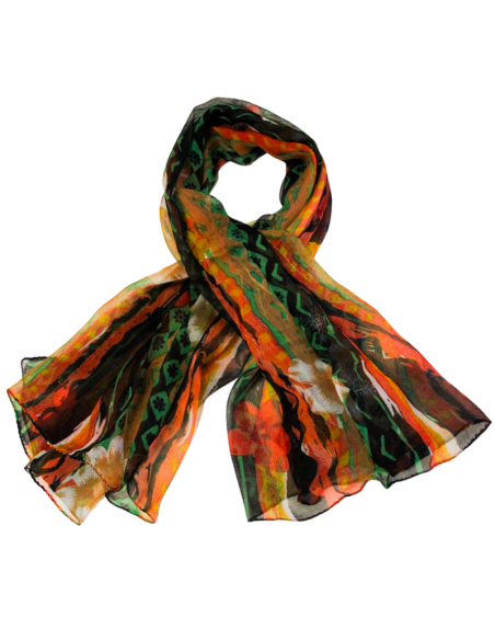 Carré mousseline 100% soie - Fleurs nomades vert