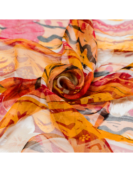 Carré mousseline 100% soie - Fleurs nomades rose