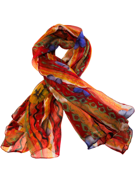 Carré mousseline 100% soie - Fleurs nomades bleu