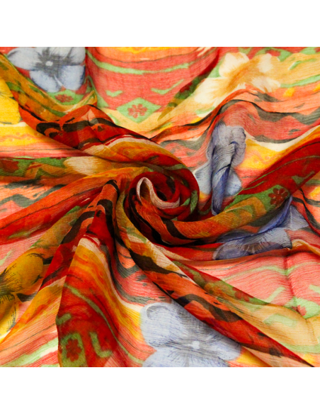 Carré mousseline 100% soie - Fleurs nomades bleu