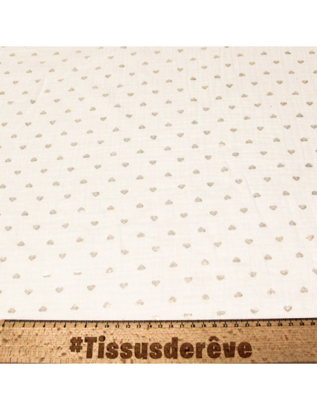 Double gaze 100% coton foil - Coeurs dorés fond blanc cassé