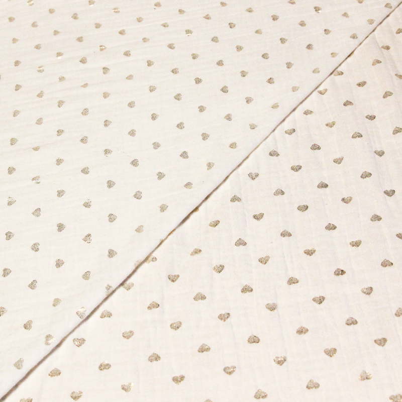 Double gaze 100% coton foil - Coeurs dorés fond blanc cassé