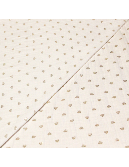 Double gaze 100% coton foil - Coeurs dorés fond blanc cassé