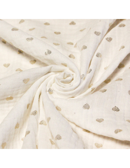 Double gaze 100% coton foil - Coeurs dorés fond blanc cassé