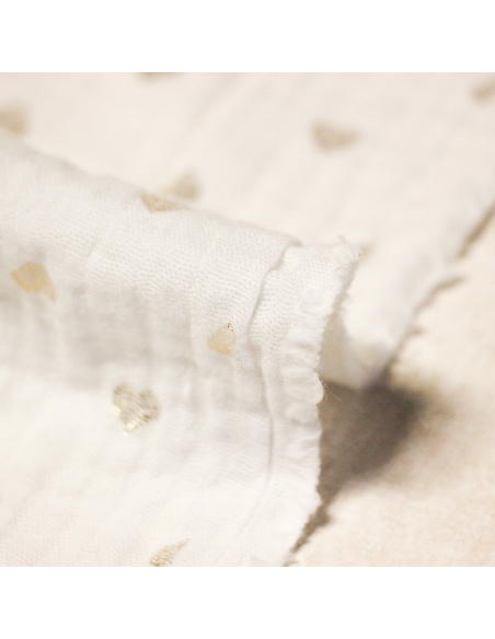 Double gaze 100% coton foil - Coeurs dorés fond blanc cassé