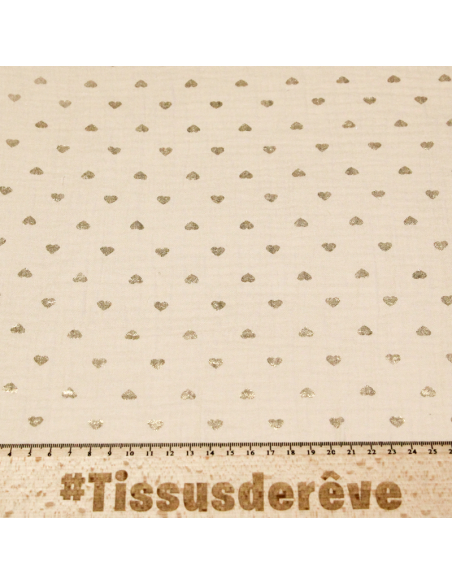 Double gaze 100% coton foil - Coeurs dorés fond beige