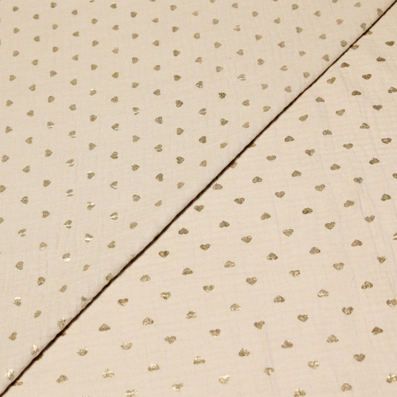 Double gaze 100% coton foil - Coeurs dorés fond beige