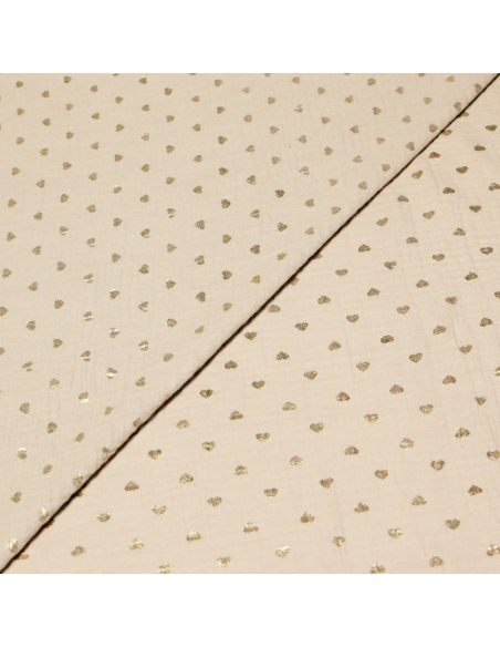Double gaze 100% coton foil - Coeurs dorés fond beige
