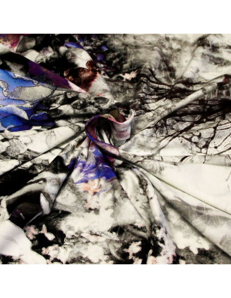 Jersey viscose & élasthanne - Forêt abandonnée avec base fleuri latérale bleu & violet