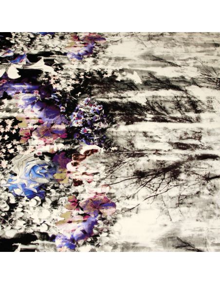 Jersey viscose & élasthanne - Forêt abandonnée avec base fleuri latérale bleu & violet