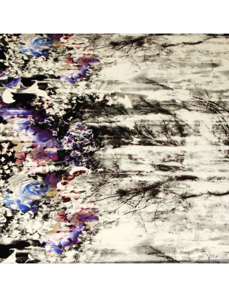 Jersey viscose & élasthanne - Forêt abandonnée avec base fleuri latérale bleu & violet