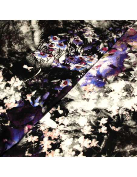 Jersey viscose & élasthanne - Forêt abandonnée avec base fleuri latérale bleu & violet