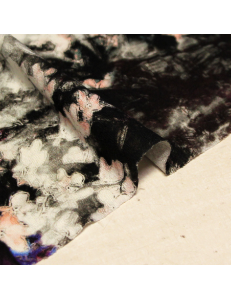 Jersey viscose & élasthanne - Forêt abandonnée avec base fleuri latérale bleu & violet