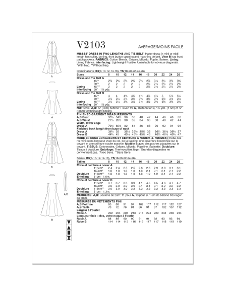 Patron Vogue 2103/Y5 (46-54) - Robe sans manches midi ou mini