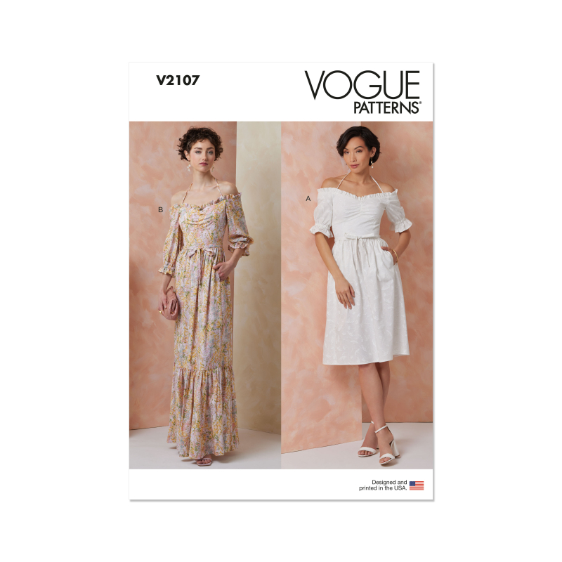 Patron Vogue 2107/U5 (44-52) - Robe bardot midi ou longue à manches bouffantes