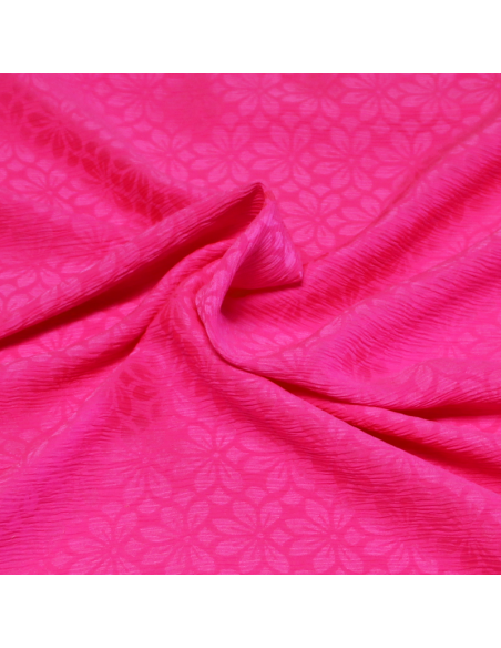 Satin crinckle 100% soie jacquard - Fleur rose fluo