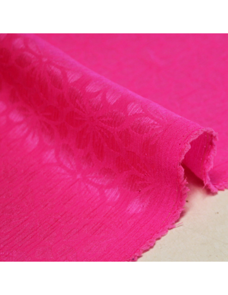 Satin crinckle 100% soie jacquard - Fleur rose fluo