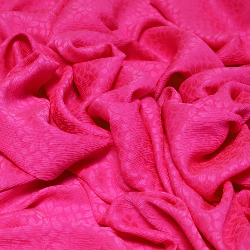 Satin crinckle 100% soie jacquard - Fleur rose fluo