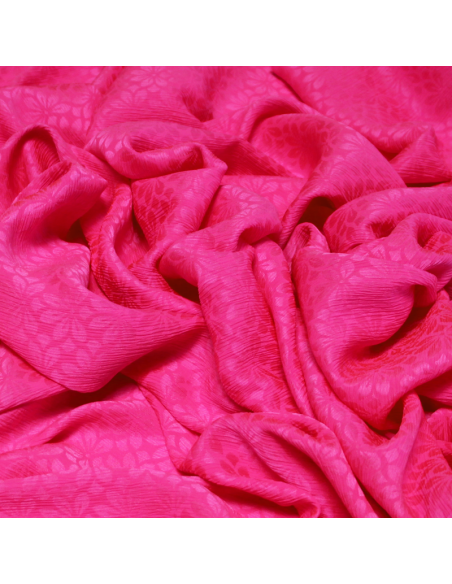 Satin crinckle 100% soie jacquard - Fleur rose fluo