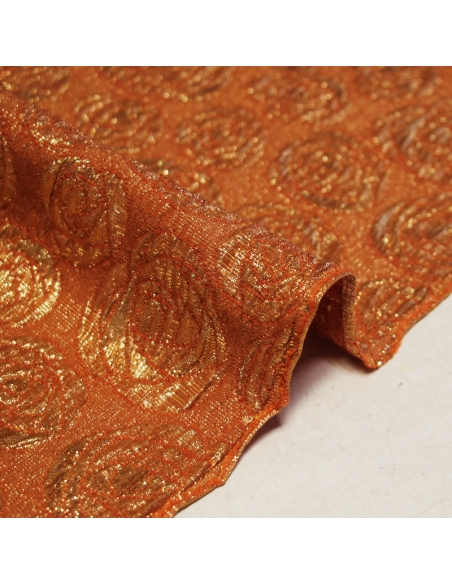 Brocart de soie - Fleur doré fond orange